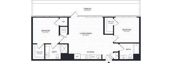 A floor plan of a house with two bedrooms, a living area, a kitchen, a bathroom, and a walk-in closet.