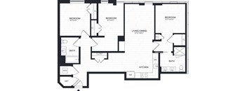 A black and white image of a house floor plan with three bedrooms, a living/dining area, a kitchen, a bath, a closet, a W/D, and a MEP.