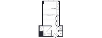 A floor plan of a small apartment with a kitchen, living room, and bathroom.