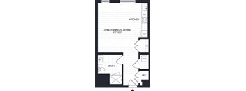 A floor plan of a small apartment with a kitchen, bathroom, and living area.