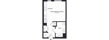 A floor plan of a kitchen, living/dining area, bathroom, and bedroom.
