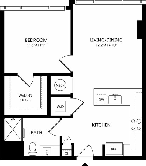 A floor plan of a home with a bedroom, living/dining area, kitchen, bathroom, and walk-in closet.