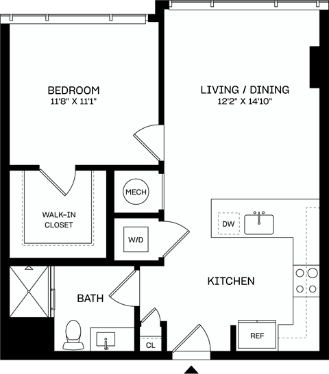 A floor plan of a house showing a bedroom, living/dining area, kitchen, bathroom, and walk-in closet.