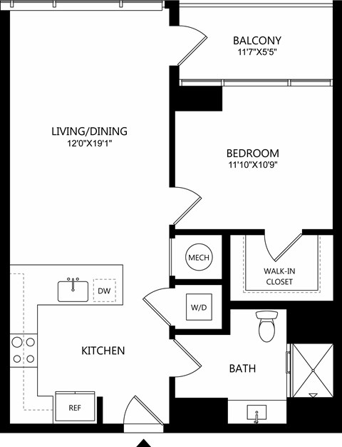 A floor plan of a home with a living room, dining room, kitchen, bathroom, and bedroom.