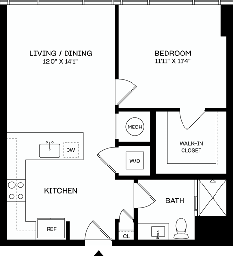 A floor plan of a small apartment with a living/dining area, kitchen, bedroom, bathroom, and walk-in closet.