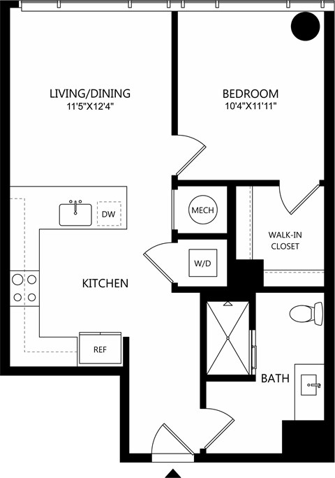 A black and white image of a floor plan for a home with a living/dining area, kitchen, bedroom, bathroom, and walk-in closet.