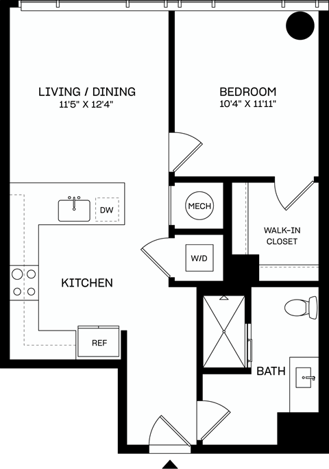 A floor plan of a small apartment with a living/dining area, kitchen, bedroom, and bathroom.