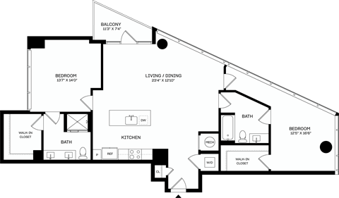 A floor plan of a house with a balcony, living room, dining room, kitchen, two bathrooms, and a bedroom.