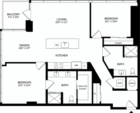 A floor plan of a house with a balcony, two bedrooms, a living room, a dining room, a kitchen, a bathroom, and a walk-in closet.