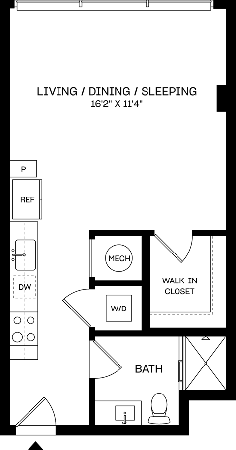 A floor plan of a living, dining and sleeping area.