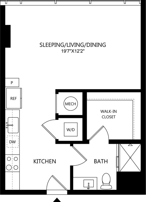A floor plan of a 197"x122" room with a kitchen, bath, and walk-in closet.