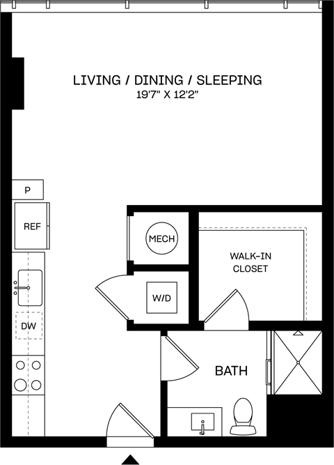 A floor plan of a 197 x 122 inch living, dining, and sleeping space.
