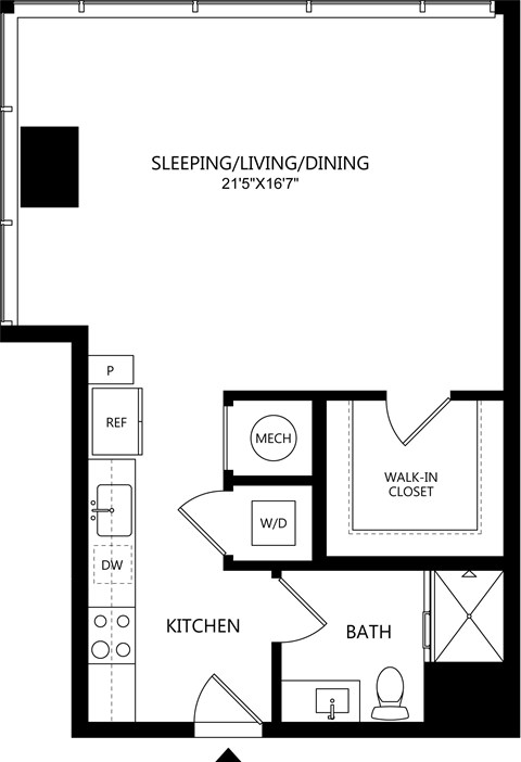 A floor plan of a small apartment with a sleeping area, kitchen, bathroom, and a walk-in closet.
