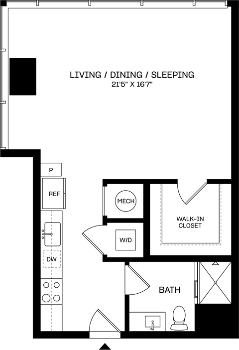 A floor plan of a living/dining/sleeping area with a bath and a walk-in closet.