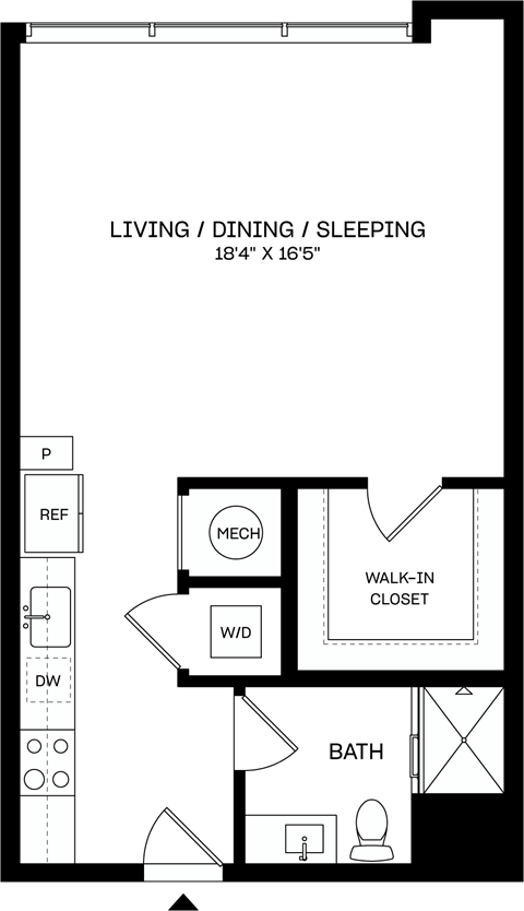 A floor plan of a living, dining and sleeping area.