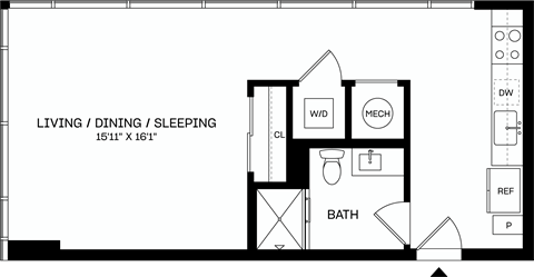 A floor plan of a living area with a dining area, a bathroom, and a kitchen.