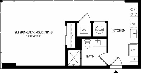 A floor plan of a small apartment with a sleeping area, kitchen, bathroom, and a work desk.