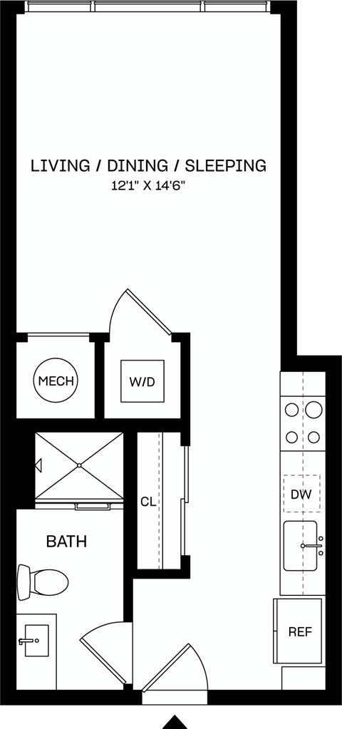A floor plan of a 12'1" x 14'6" living, dining, and sleeping space.