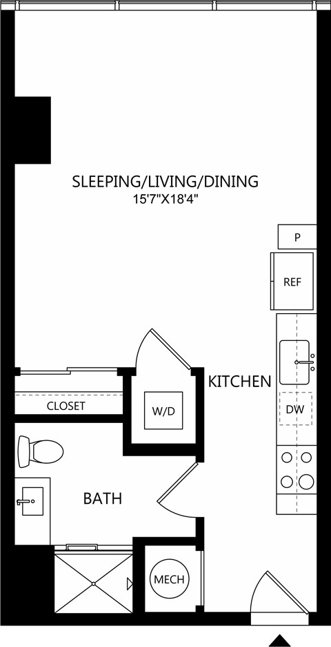 A floor plan of a small apartment with a kitchen, bathroom, and a sleeping area.