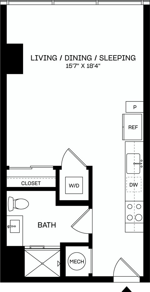 A floor plan of a small apartment with a living room, dining room, kitchen, and bathroom.