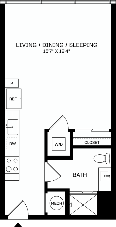 A floor plan of a living/dining/sleeping area.