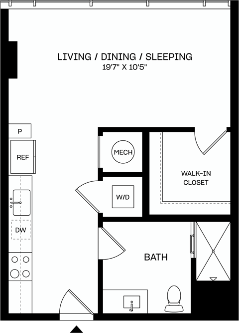 A floor plan of a living, dining and sleeping area.