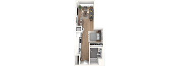 A top-down view of a small apartment with a kitchen, living room, and bathroom.