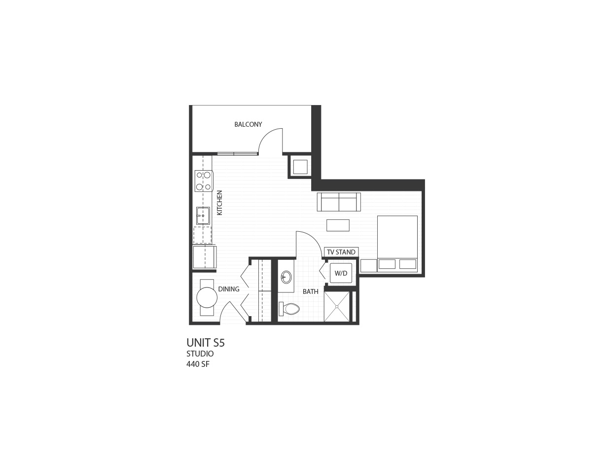 A floor plan of a studio apartment with a kitchen, living room, and bathroom.