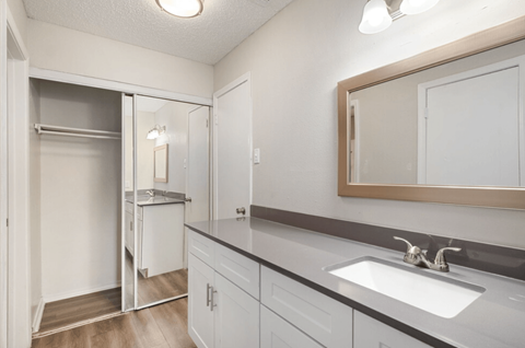 A bathroom with a sink, mirror, and a walk-in shower.