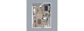 A top-down view of a modern apartment layout with a kitchen, living room, and bathroom at The Read, Los Angeles, CA 90016
