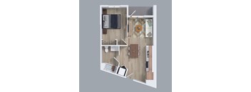 A top down view of a small apartment with a kitchen, living room, and bathroom at The Read, Los Angeles, CA 90016