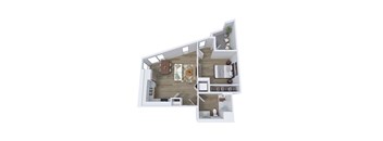 A white and wood floor plan of a house with a living room, kitchen, and two bedrooms.