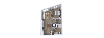 A top-down view of a small apartment with a kitchen, living room, and bathroom.