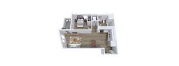 A top-down view of a modern, minimalist apartment with a living room, kitchen, and bedroom.
