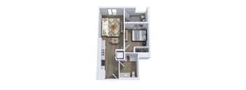 A modern apartment layout with a kitchen, living room, and bedroom.