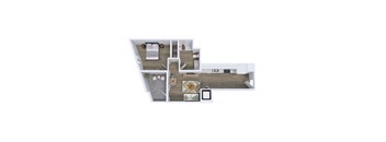 A top-down view of a modern apartment layout with a kitchen, living room, and bedrooms.