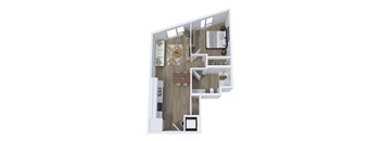 A top-down view of a modern apartment layout with a kitchen, living room, and bedroom.