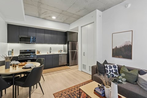 Modern luxury apartment interior with spacious living area