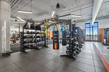 Gym with training equipments at Velaris Living Apartments, Denver, CO, 80205