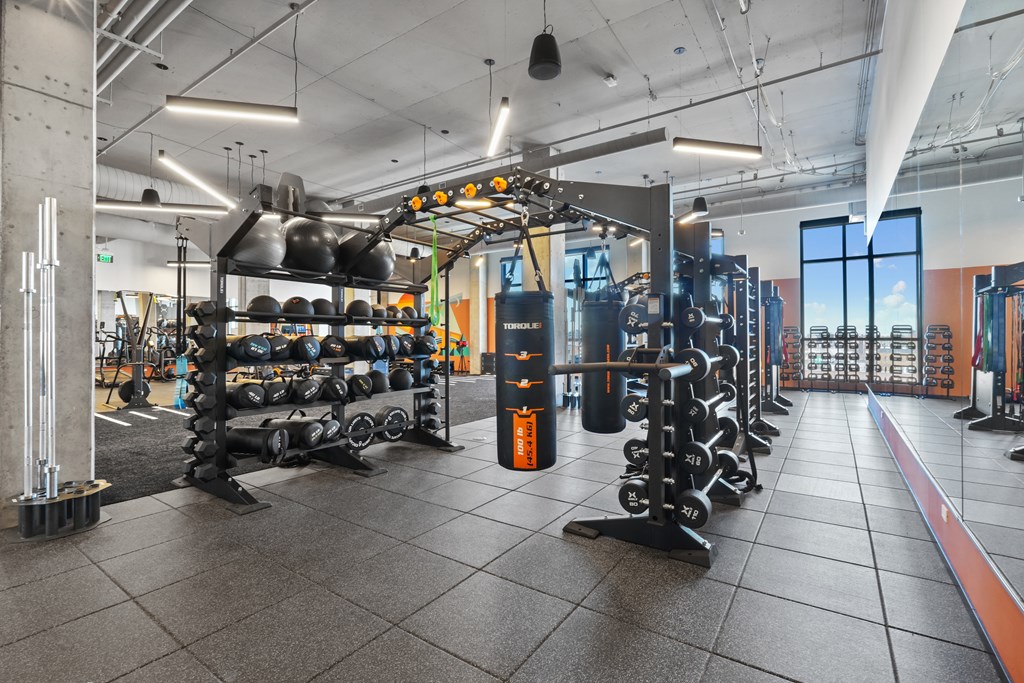 Gym with variety of equipments at Velaris Living Apartments, Denver, 80205