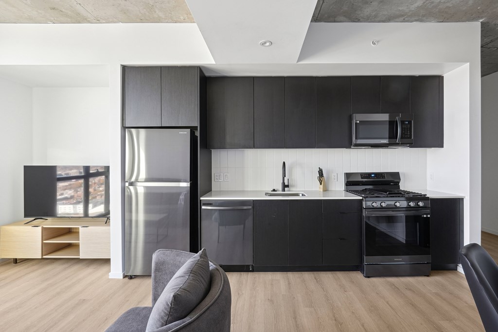 Kitchen with black cabinetry at Velaris Living Apartments, Denver, 80205