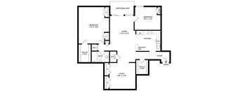 A black and white floor plan of a house with a study, two bedrooms, a living room, a kitchen, a breakfast bar, a foyer, and a patio/balcony.