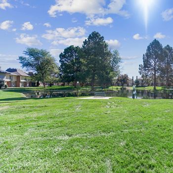 A sunny day in a park with a pond and trees. at The Lex At Lowry, Denver