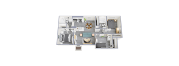 A 3D floor plan of a house with a living room, kitchen, dining room, and bedrooms.