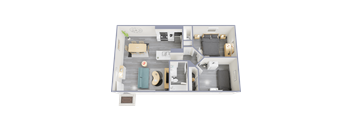 A 3D rendered image of a modern apartment layout.
