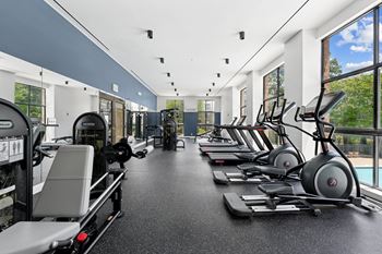A gym with treadmills, elliptical machines, and other exercise equipment.