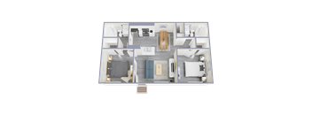 A 3D floor plan of a house with a living room, kitchen, and two bedrooms.