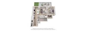 a stylized floor plan of a 1 bedroom apartment