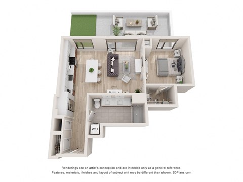 a stylized floor plan of a 1 bedroom apartment