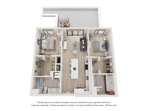 a stylized floor plan of a 1 bedroom apartment